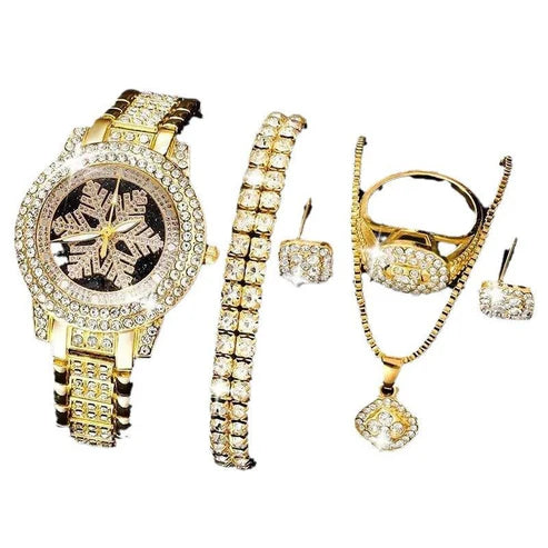 Snowflake Rhinestone Watch & Jewelry Set – 5-Piece Luxury