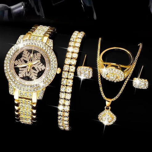 Snowflake Rhinestone Watch & Jewelry Set – 5-Piece Luxury