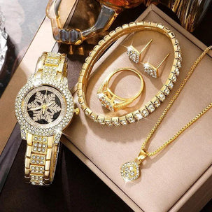 Snowflake Rhinestone Watch & Jewelry Set – 5-Piece Luxury